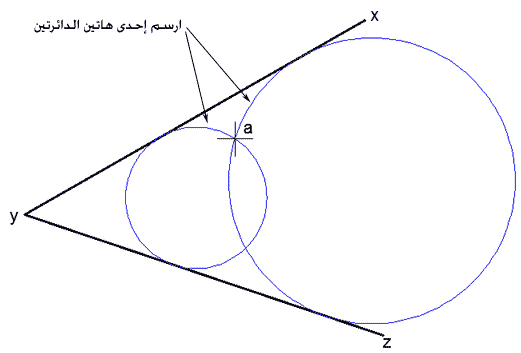 المسألة: رسم دائرة تمس مستقيمين متقاطعين وتمر بنقطة